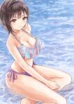  1girl artist_name bikini blue_reflection blue_reflection_tie bob_cut breasts brown_eyes brown_hair headband hondahiro hoshizaki_ao large_breasts looking_at_viewer short_hair sitting smile swimsuit water 