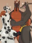  absurd_res anthro blush bulge bulge_grab canid canine canis clothing dalmatian dobermann domestic_dog group hi_res male male/male mammal muscular muscular_male nipples pinscher sijimmy456 underwear wolf 