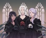  1girl 2boys adventurer_(ff14) black_hair black_robe braid byuub emet-selch final_fantasy final_fantasy_xiv green_eyes hythlodaeus hyur mask mask_around_neck multiple_boys purple_eyes purple_hair robe side_ponytail silver_hair smile spoilers yellow_eyes 