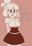  ! 2021 ? animal_crossing anthro black_clothing breasts canid canine clothing dialogue euphorica eye_through_hair female front_view fur greeting hair hands_behind_back hi_res isabelle_(animal_crossing) looking_at_viewer maid_uniform mammal nintendo non-mammal_breasts simple_background solo talking_to_viewer text translucent translucent_hair uniform video_games white_clothing 