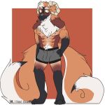  anthro boxer_briefs clothing fur hi_res horn hybrid lilkalibus male multi_tail multicolored_body multicolored_fur muscular muscular_male solo underwear yellow_eyes 