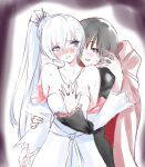  2girls black_hair blue_eyes blush breasts dress jewelry long_hair multiple_girls necklace negresco ruby_rose rwby short_hair simple_background smile sweat weiss_schnee white_hair yuri 