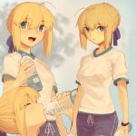  1girl ahoge artoria_pendragon_(fate) bangs blonde_hair blue_ribbon blush boa_(brianoa) bottle braid breasts closed_eyes drinking fate/stay_night fate_(series) french_braid green_eyes hair_bun hair_ribbon highres long_hair looking_at_viewer medium_breasts multiple_views open_mouth ribbon saber sidelocks smile water_bottle 