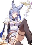  1girl animal_ears bangs belt blue_hair breasts center_opening dress erune eyebrows_visible_through_hair gloves granblue_fantasy hair_ornament holding holding_staff jacket knee_up long_hair looking_at_viewer medium_breasts pouch purple_eyes sitting solo staff thigh_strap thighhighs thighs tikoh white_dress white_gloves white_jacket ya99ru 