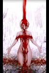  1girl bangs blood blood_on_face blood_splatter breasts choker closed_eyes closed_mouth csilj63cw8irumy dress faust_(limbus_company) flower highres limbus_company navel nude outstretched_arms short_hair sleeveless solo white_flower white_hair 