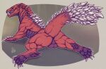  2019 absurd_res anus backsack balls big_butt black_body butt capcom claws deormynd digital_media_(artwork) digitigrade dragon fanged_wyvern fangs feral genitals hi_res lying male monster_hunter multicolored_body non-mammal_balls nude odogaron on_front open_mouth patreon presenting presenting_hindquarters red_body red_scales scales scalie simple_background solo spikes spread_legs spreading teeth text thick_thighs toe_claws url video_games white_body 