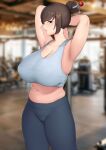  armpits arms_up blurry blurry_background breasts brown_hair commission hair_bun hair_ornament highres huge_breasts looking_at_viewer mature_female midriff_peek moebell navel original pants plump presenting_armpit skindentation sports_bra thick_thighs thighs yoga_pants 