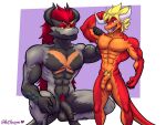  abs anthro armpit_hair artariem balls big_balls blonde_hair body_hair crouching demon_lord_dragon_batzz dragon drum_bunker_dragon duo eyebrows feeling_muscles flaccid flexing_bicep foreskin future_card_buddyfight genitals grey_body hair hi_res horn male male/male measuring_muscle multicolored_body muscular muscular_male nude pecs penis pubes red_body red_eyes red_hair saggy_balls size_difference smile spread_legs spreading standing thick_eyebrows two_tone_body vein veiny_penis yellow_sclera 