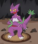  2022 absurd_res ambiguous_gender anthro biped cave claws digital_media_(artwork) fak&eacute;mon fusion hi_res horn hybrid leaf moonabloom nidoking nintendo pok&eacute;mon pok&eacute;mon_(species) pok&eacute;mon_fusion purple_body scalie sceptile smile smirk solo spikes toe_claws video_games yellow_eyes 