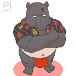  2022 anthro asian_clothing belly black_body clothing east_asian_clothing fundoshi goyemon_k japanese_clothing kemono kuroda_(odd_taxi) male mammal navel odd_taxi overweight overweight_male red_clothing red_fundoshi red_underwear simple_background solo tapir tattoo underwear 