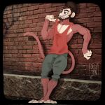  2018 amber_eyes anthro barefoot brown_hair clothed clothing deuzion endertwinks feet fully_clothed hair haplorhine hi_res leaning leaning_back male mammal monkey muscular muscular_male primate showing_teeth solo 