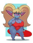  absurd_res big_penis blonde_hair blush breasts cleavage clothed clothing female genitals hair hi_res huge_penis league_of_legends not_furry one-piece_swimsuit penis regret_everything riot_games short_stack solo swimwear video_games yordle 