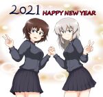  2021 2girls akaboshi_koume bangs black_skirt blue_eyes brown_hair closed_mouth commentary_request dress_shirt english_text eyebrows_visible_through_hair gam girls_und_panzer grey_shirt happy_new_year holding_hands interlocked_fingers itsumi_erika kuromorimine_school_uniform long_sleeves looking_at_viewer medium_hair miniskirt multiple_girls new_year open_mouth partial_commentary pleated_skirt school_uniform shirt short_hair silver_hair skirt smile standing symmetrical_hand_pose v wavy_hair 