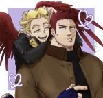  2boys beard black_jacket blonde_hair blue_eyes body_markings boku_no_hero_academia brown_jacket burn_scar costume earrings endeavor_(boku_no_hero_academia) eyewear_on_head facial_hair feathered_wings fingerless_gloves flirting gloves goatee hawks_(boku_no_hero_academia) headphones headphones_around_neck heart highres holding holding_eyewear jacket jewelry leaning_on_person looking_at_another mahoubin_(totemo_hot_dayo) mature_male multiple_boys muscular muscular_male mustache open_mouth red_feathers red_hair rimless_eyewear scar scar_across_eye scar_on_cheek scar_on_face scar_on_mouth short_hair sideburns signature size_difference spiked_hair stubble stud_earrings sweater tinted_eyewear toned toned_male turtleneck turtleneck_sweater very_short_hair wings yaoi yellow_eyes 