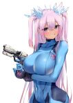  1girl arm_under_breasts blue_bodysuit blue_eyes blush bodysuit breasts bright_pupils cosplay covered_collarbone covered_navel cowboy_shot crystal_hair dragon_girl eyebrows_visible_through_hair finger_on_trigger glowing glowing_eyes grin gun hair_between_eyes hair_ornament handgun highres holding holding_gun holding_weapon large_breasts logo long_hair looking_at_viewer metroid metroid_dread navel original otoha_rilly paralyzer pink_hair pistol samus_aran samus_aran_(cosplay) satou_daiji shrugging sidelocks simple_background skin_tight skindentation smile solo sweat transparent_background turtleneck twintails two_side_up very_long_hair virtual_youtuber weapon white_background wide_hips zero_suit 