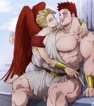  2boys alternate_costume alternate_universe barefoot beard belt blonde_hair blue_eyes body_markings boku_no_hero_academia burn_scar clothes_pull column endeavor_(boku_no_hero_academia) facial_hair feathered_wings goatee greek_clothes hawks_(boku_no_hero_academia) highres himation laurel_crown mahoubin_(totemo_hot_dayo) male_focus mature_male multiple_boys muscular muscular_male mustache nipples pectorals pillar red_feathers red_hair roman_clothes scar scar_across_eye scar_on_cheek scar_on_face scar_on_mouth short_hair sideburns signature size_difference spiked_hair stubble toga toned toned_male traditional_clothes very_short_hair wings wrist_cuffs yaoi yellow_eyes 