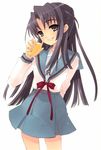  asakura_ryouko blue_sailor_collar food fruit half_updo highres holding holding_food holding_fruit itou_noiji kita_high_school_uniform lemon long_sleeves sailor_collar school_uniform serafuku solo suzumiya_haruhi_no_yuuutsu 