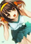  aqua_skirt brown_hair highres kobayashi_yuuji short_hair skirt solo suzumiya_haruhi suzumiya_haruhi_no_yuuutsu 