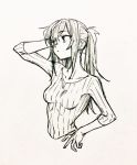  1girl arm_up breasts covered_navel cropped_torso eyebrows_visible_through_hair greyscale hand_on_hip highres itou_(very_ito) long_hair looking_away monochrome original parted_lips ponytail ribbed_shirt shirt sidelocks small_breasts solo traditional_media 
