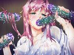  aojiru big_breasts blowjob breasts bukkake cum cum_on_clothes facial fellatio green_eyes handjob in'youchuu inyouchuu inyouchuu_etsu japanese_clothes kimono large_breasts monster nipples oral penis pink_hair see-through see_through shiratori_hatsune tears tentacle 