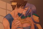  1boy 1girl 9646emily blush breast_squeeze breasts brown_hair butz_klauser couple eyes_closed faris_scherwiz female final_fantasy final_fantasy_v kiss long_hair lowres male nipples purple_hair short_hair 