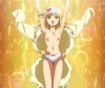  ai-chan arms_up baseball_cap blonde_hair bow bow_panties breasts green_eyes hat jewelry kaminari_ai lipstick makeup navel necklace nipples no_bra nude_filter open_clothes open_mouth panties photoshop short_hair small_breasts tatsunoko_production time_bokan_(series) topless underwear undressing unzipped white_panties yatterman 