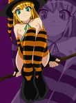  blonde_hair breasts broom broom_riding elbow_gloves fingerless_gloves flat_chest gloves green_eyes hat long_hair nipples nude original smile striped striped_gloves striped_legwear thighhighs ultraspank witch witch_hat 