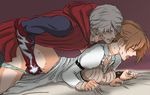  1boy 1girl bed capcom clothed_sex couple devil_may_cry devil_may_cry_4 dress eyes_closed female from_behind grey_hair happy_sex kuro@tokuni_yon_de_nai kyrie male natsu_yasai nero nero_(devil_may_cry) open_mouth orange_hair panties panties_aside sex short_hair sweat underwear 