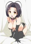  all_fours antenna_hair bent_over black_hair breasts brown_eyes cleavage cum curvy elbow_gloves fangs garter_belt gloves large_breasts lingerie nora_higuma open_mouth original solo sweat thighhighs underwear yellow_eyes 