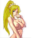 1girl abs bleach blonde blonde_hair blue_eyes breasts clenched_hand erect_nipples female fist long_hair nipples photoshop shihouin_yoruichi simple_background solo white_background wink 