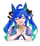  1girl ^_^ ahoge animal_ears blue_hair bow burger closed_eyes food green_hair hair_bow highres holding holding_food horse_ears multicolored_hair open_mouth sharp_teeth solo teeth twin_turbo_(umamusume) twintails umamusume zono_(inokura_syuzo029) 