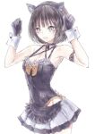  1girl alternate_costume animal_ears apron bell black_hair blue_reflection blue_reflection_ray blue_reflection_tie bob_cut bow breasts cat_ears collar eyebrows_visible_through_hair gloves green_eyes hondahiro komagawa_uta neck_bell paw_pose short_hair small_breasts waist_apron 