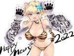  1girl 2022 animal_ears animal_hands animal_print ass_visible_through_thighs bangs bare_shoulders bikini blonde_hair blue_eyes boku_wa_tomodachi_ga_sukunai breasts butterfly_hair_ornament cait_aron commentary cowboy_shot english_commentary eyebrows_visible_through_hair fangs front-tie_bikini front-tie_top gloves hair_ornament happy_new_year kashiwazaki_sena large_breasts leaning_forward looking_at_viewer new_year open_mouth paw_gloves pom_pom_(clothes) side-tie_bikini simple_background smile solo strap_gap string_bikini swimsuit tail thighs tiger_print tiger_tail white_background 