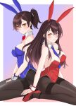  2girls absurdres adapted_costume akagi_(kancolle) alternate_costume alternate_hairstyle animal_ears black_hair black_legwear blue_leotard bow bowtie breasts brown_eyes brown_hair commentary_request detached_collar fake_animal_ears full_body grey_necktie highres kaga_(kancolle) kantai_collection leotard long_hair looking_at_viewer medium_breasts multiple_girls necktie nitamako_(sakamalh) pantyhose playboy_bunny ponytail rabbit_ears rabbit_tail red_bow red_bowtie red_leotard short_ponytail simple_background sitting straight_hair strapless strapless_leotard tail thighband_pantyhose wariza white_background wrist_cuffs 