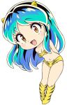  1girl :d animal_print arms_behind_back bare_shoulders bikini blue_hair blush_stickers breasts chibi chibi_only cleavage cone_horns eyeshadow fur_bikini horns leaning_to_the_side long_hair lum makeup midriff oni orange_eyes pink_eyeshadow print_bikini print_boots small_horns smile solo strapless strapless_bikini striped_horns swimsuit tiger_panties tiger_print urusei_yatsura yellow_bikini yellow_horns 