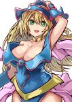  1girl absurdres arm_up bangs bare_shoulders blonde_hair breasts cleavage dark_magician_girl duel_monster green_eyes hat hexagram highres large_breasts long_hair mikanbisya open_mouth shadow simple_background smile solo white_background wizard_hat yu-gi-oh! yu-gi-oh!_duel_monsters 