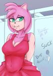  2021 amy_rose anthro bathroom bodily_fluids breasts cleavage clothed clothing cum cum_in_mouth cum_inside eulipotyphlan female genital_fluids glory_hole graffiti green_eyes hair hedgehog hi_res looking_at_viewer mammal pink_hair public_restroom sega signature solo sonic_the_hedgehog_(series) tally_marks tenshio tight_clothing 