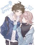  1boy 1girl ahoge black_pants black_sweater blush brown_eyes brown_hair collarbone commentary_request danganronpa_(series) danganronpa_2:_goodbye_despair highres hinata_hajime hood hood_down hoodie jacket medium_hair nanami_chiaki official_alternate_costume open_clothes open_jacket pants pink_eyes rerichia_ft short_hair simple_background smile sweater translation_request white_background white_hoodie 