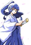  1girl alternate_costume aoki_reika blue_eyes blue_hair blue_hakama blunt_bangs cherry_blossoms commentary_request cowboy_shot falling_petals fighting_stance hair_ornament hairclip hakama hakama_skirt high_ponytail highres holding holding_sword holding_weapon japanese_clothes katana kimono long_hair looking_at_viewer open_mouth petals ponytail precure ready_to_draw simple_background skirt smile_precure! solo sword uraki v-shaped_eyebrows weapon white_background white_kimono 