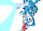  beam_cannon commentary energy_beam firing glowing glowing_eyes green_eyes gundam gundam_calibarn gundam_suisei_no_majo highres holding holding_cannon holding_weapon kuroiwa_cookie mecha mobile_suit no_humans robot science_fiction solo thrusters v-fin weapon white_background 