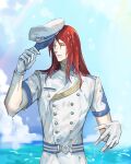  1boy closed_eyes fate/grand_order fate_(series) gloves hat hat_removed headwear_removed holding holding_clothes holding_hat knights_of_marines long_hair male_focus red_hair sailor sailor_hat solo tristan_(fate) water wet wet_clothes wet_hair white_gloves yepnean 