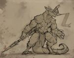 4_fingers 4_toes absurd_res anthro bandage bandaged_ankle bandaged_arm bandaged_leg bandaged_wrist barefoot belly belt belt_buckle big_tail bottomwear buckle claws clothed clothing dagger digital_media_(artwork) digitigrade dungeons_and_dragons eye_scar facial_scar fangs feet fingers from_front_position hasbro hi_res holding_object holding_weapon horn horn_jewelry horn_ring hybrid jewelry lizard lizardman loincloth loincloth_only male male_anthro mean_look melee_weapon monochrome mouth_closed mrwhitebear muscular muscular_anthro muscular_male mythological_creature mythological_scalie mythology navel necklace parchment paws polearm reptile ring_(jewelry) scales scalie scar sharp_teeth simple_background sketch snapping_turtle solo spear spread_legs spreading standing tail tan_body teeth text toe_claws toes tooth_necklace topless turtle tusks url weapon wizards_of_the_coast wounded