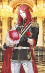  1boy alternate_costume blurry blurry_background bouquet closed_eyes epaulettes fate/grand_order fate_(series) flower fur_trim long_hair military military_uniform photo_background pink_flower pink_rose red_flower red_hair red_rose rose shoulder_cape smile solo tristan_(fate) uniform yepnean 