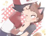  2boys absurdres animal_ears bangs baseball_cap black_hair blush bright_pupils brown_hair chase_(pokemon) closed_eyes closed_mouth commentary_request grey_eyes grey_shirt hachi_(hachi_sin) hat highres kiss kissing_forehead male_focus meowth multiple_boys pokemon pokemon_(game) pokemon_lgpe shirt short_hair short_sleeves sweatdrop trace_(pokemon) white_pupils yaoi 