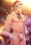  1boy 2022 abs bara bell black_hair blush buzz_cut choker commentary_request facial_hair fai_(fai-storage) fireplace flying_sweatdrops goatee grin hat highres large_pectorals light_particles looking_at_viewer male_focus muscular muscular_male navel_hair neck_bell nipples original pectorals red_ribbon ribbon ribbon_choker santa_hat short_hair sideburns signature smile solo steaming_body sweat undressing v-shaped_eyebrows v-taper very_short_hair white_loincloth 