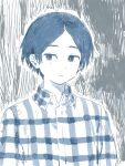  1boy closed_mouth collared_shirt commentary_request highres limited_palette male_focus mole mole_under_eye muji_(uimss) original plaid plaid_shirt shirt short_hair solo upper_body 