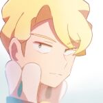  1boy aqua_eyes bangs blonde_hair blurry closed_mouth commentary_request eyebrows_visible_through_hair hachi_(hachi_sin) high_collar looking_to_the_side male_focus pokemon pokemon_(game) pokemon_xy portrait short_hair siebold_(pokemon) solo split_mouth upper_body 