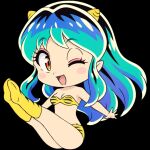  1girl ;d animal_print bare_shoulders bikini blue_hair blush_stickers breasts chibi chibi_only cleavage cone_horns eyeshadow fur_bikini horns long_hair looking_at_viewer lum makeup multicolored_hair official_art one_eye_closed orange_eyes pink_eyeshadow print_bikini print_boots small_horns smile solo strapless strapless_bikini striped_horns swimsuit tiger_print urusei_yatsura yellow_bikini yellow_horns 