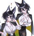  1girl absurdres ahoge animal_ear_fluff animal_ears black_hair black_jacket black_skirt breasts brown_nails brown_pantyhose cleavage collared_shirt commentary cowboy_shot dot_nose fingernails fox_ears fox_girl fox_tail green_jacket hair_between_eyes hand_up haze_(7h4ze) highres id_card jacket jacket_on_shoulders lanyard large_breasts light_blush long_fingernails long_sleeves looking_at_viewer medium_hair mole_beside_mouth multicolored_jacket multiple_views nail_polish office_lady open_mouth orange_eyes original pantyhose pencil_skirt reference_inset shirt silver_fox_(animal) simple_background skirt tail two-tone_jacket upper_body white_background white_shirt 