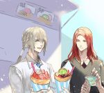  bedivere_(fate) blonde_hair casual closed_eyes crepe fate/grand_order fate_(series) food fruit green_eyes ice_cream long_hair red_hair strawberry tristan_(fate) wallet yepnean 